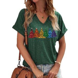 Women's V Neck Funny Holiday Blouse Graphic Short Sleeve Tee Family T-Shirt